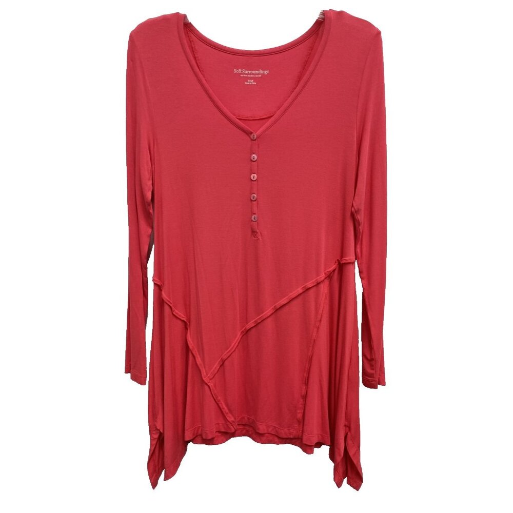 Soft Surroundings Womens BOHO Tunic Top Small Pink Henley Hanky Hem‎ Casual